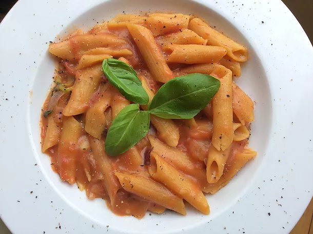 Lentil pasta in creamy tomato sauce
